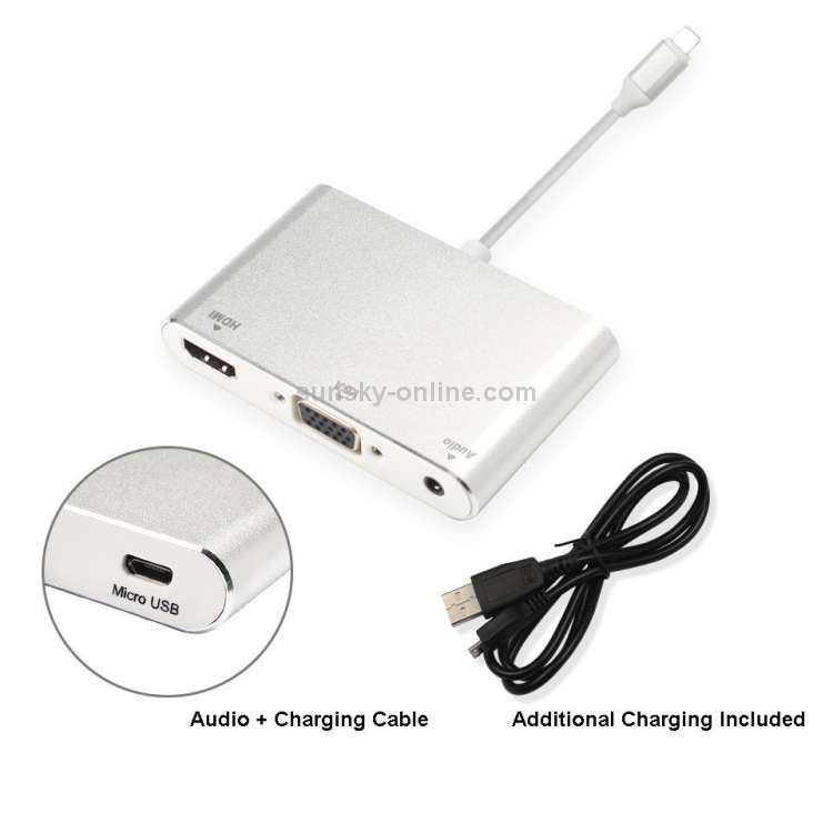 3 in 1 8 Pin to HDMI / VGA / Audio Adapter(Silver) 3 in 1 8 Pin to HDMI / VGA / Audio Adapter(Silver)