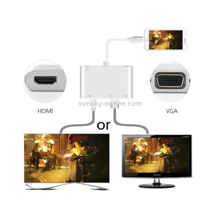 3 in 1 8 Pin to HDMI / VGA / Audio Adapter(Silver) 3 in 1 8 Pin to HDMI / VGA / Audio Adapter(Silver)