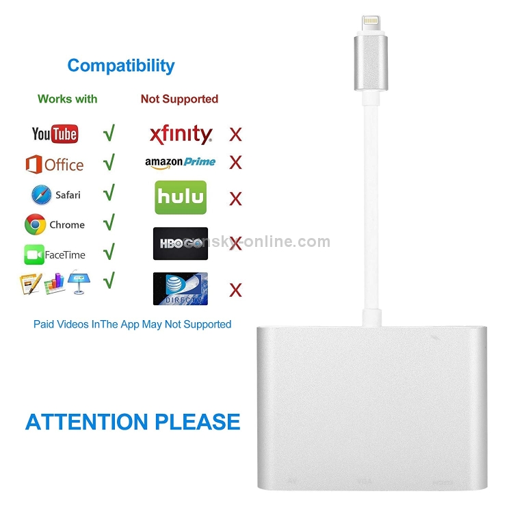 3 in 1 8 Pin to HDMI / VGA / Audio Adapter(Silver) 3 in 1 8 Pin to HDMI / VGA / Audio Adapter(Silver)