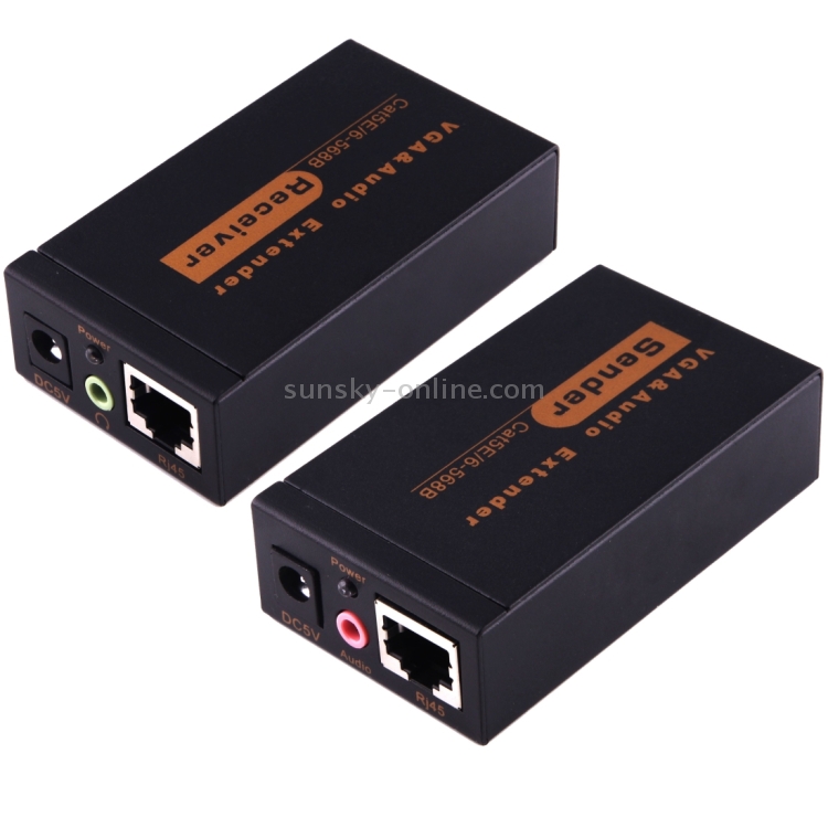 Extensor de audio y VGA 1920x1440 HD 100m Cat5e / 6-568B Cable de red Adaptador de receptor de remitente (Negro) - 2