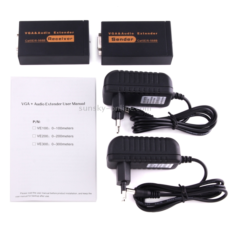 Extensor de audio y VGA 1920x1440 HD 100m Cat5e / 6-568B Cable de red Adaptador de receptor de remitente (Negro) - 5