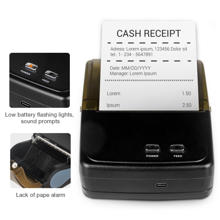 Impresora térmica portátil de recibos de punto de venta con Bluetooth QS-8001 de 80 mm (negro) - 2
