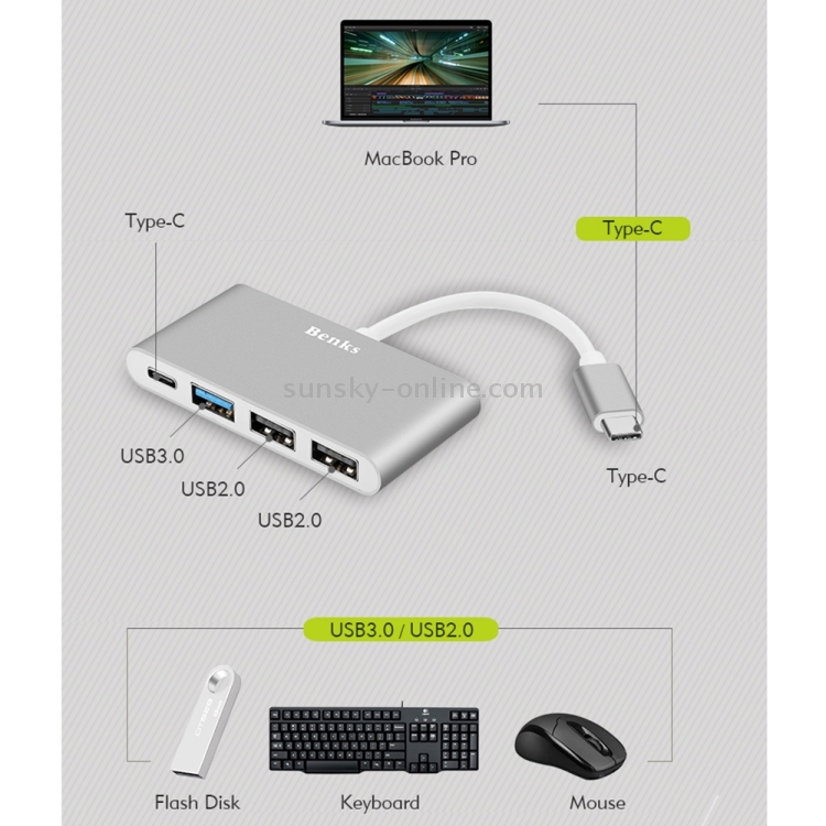 Benks USB-C / Type-C to Port USB (1 × USB 3.0 + 2 × USB 2.0) Adapter(Silver)