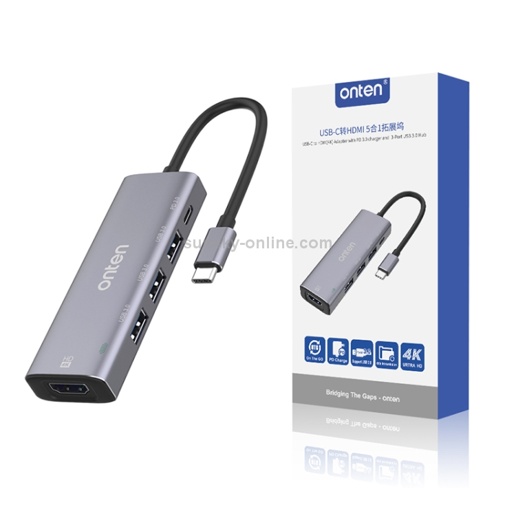 Onten OT-95123 5 en 1 Multifuncional Tipo C + USB + HDMI Station, longitud del cable: 145 mm (plata) - 5