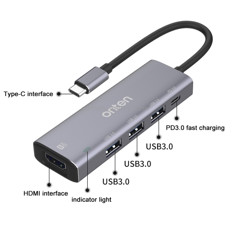 Onten OT-95123 5 en 1 Multifuncional Tipo C + USB + HDMI Station, longitud del cable: 145 mm (plata) - 6