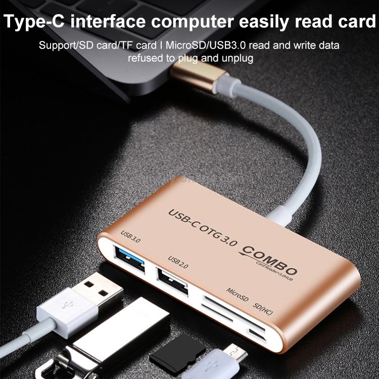 Combo T-693 5 en 1 USB-C / TYPE-C A SD / TF / Micro SD Slot + USB 3.0 + USB 2.0ports OTG Hub Lector de tarjetas (Oro) - B5