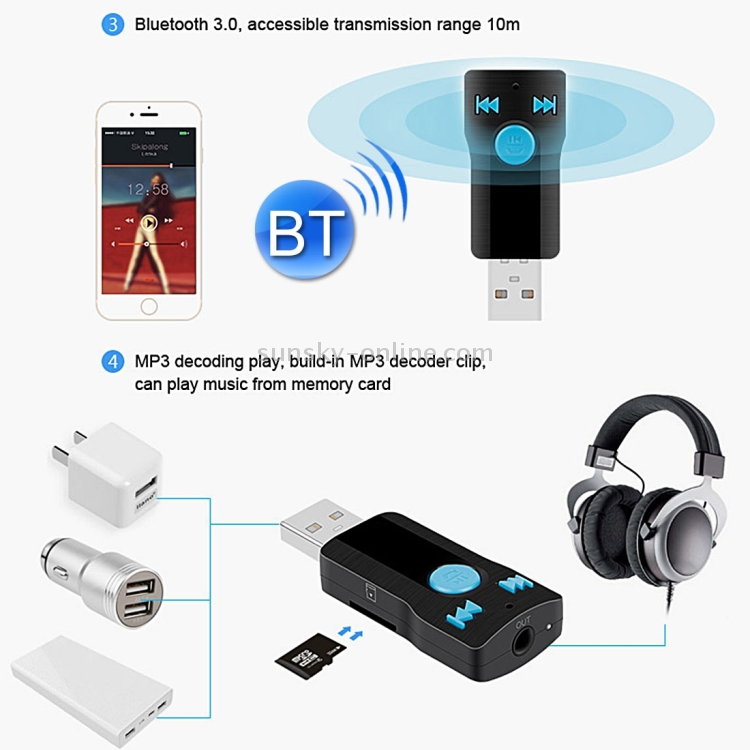 Adaptateur Bluetooth pour casque filaire avec lecteur Micro SD, Accessoires MP3 / Vidéo