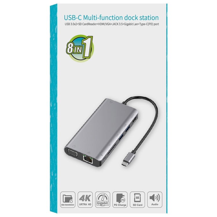 Onten 9591BD 8 en 1 USB-C / TIPE-C A PD USB-C / TYPE-C Carga + 100m Ethernet Port + Dual USB 3.0 + HDMI + VGA + Slot de la tarjeta SD + 3.5mm Aux Hub (Negro) - B1