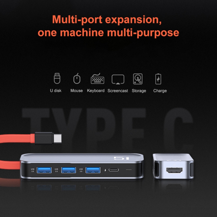 Rock TR21 USB-C / Tipo-C a HDMI + USB3.0 x 3 + PD 4K 60Hz 5 en 1 estación de acoplamiento - 2