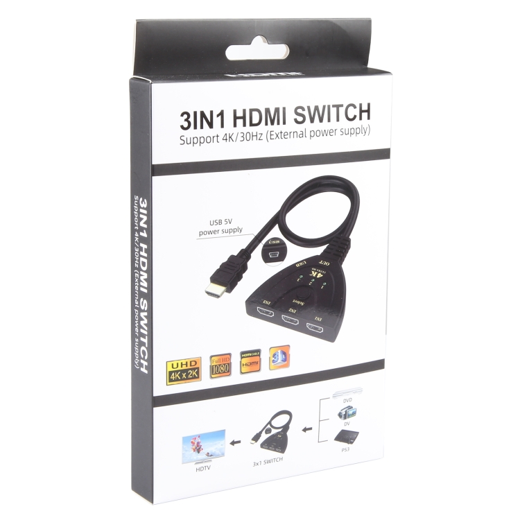 Conmutador HDMI 3 x 1 4K 30Hz con cable HDMI Pigtail, compatible con fuente de alimentación externa - 3