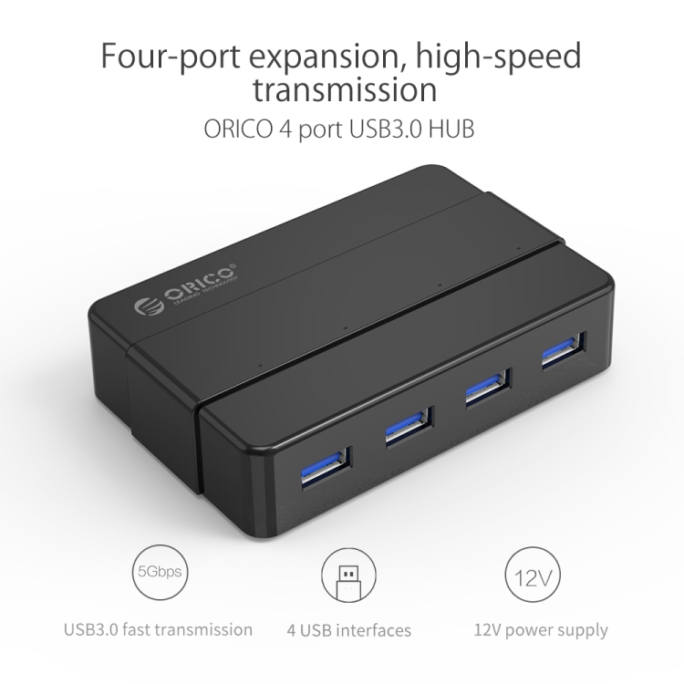ORICO H4928-U3 HUB USB 3.0 haute vitesse ABS 4 ports avec adaptateur  secteur 12V pour smartphones / tablettes (noir)