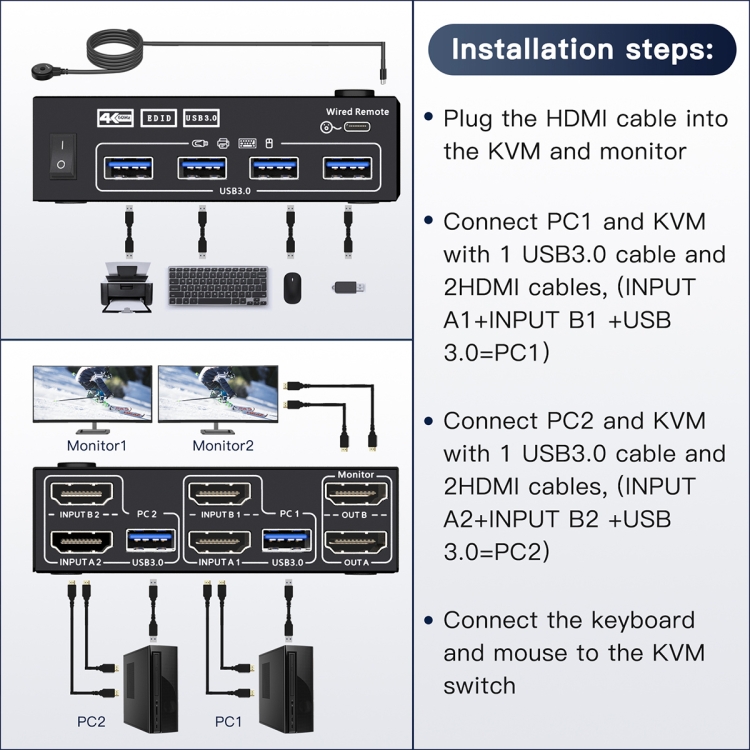 KC-KVM202AS 4K 60HZ USB3.0 HDMI Conmutador KVM de doble pantalla compatible con pantalla de bloqueo analógica EDID - 1