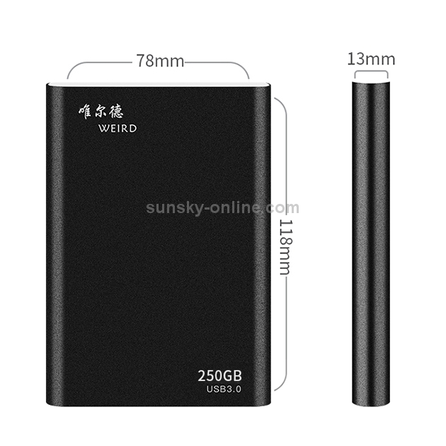 WEIRD 250GB 2.5 pulgadas USB 3.0 Transmisión de alta velocidad Carcasa de metal Unidad de disco duro móvil ultrafina y ligera (Negro) - 2