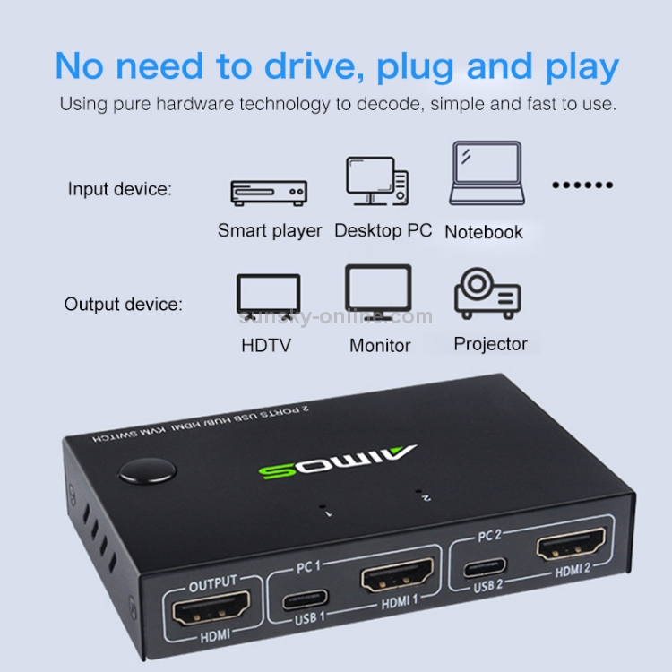 AIMOS AM-KVM201CC 2 puertos USB HUB HDMI KVM Switch sin cable de extensión - 5