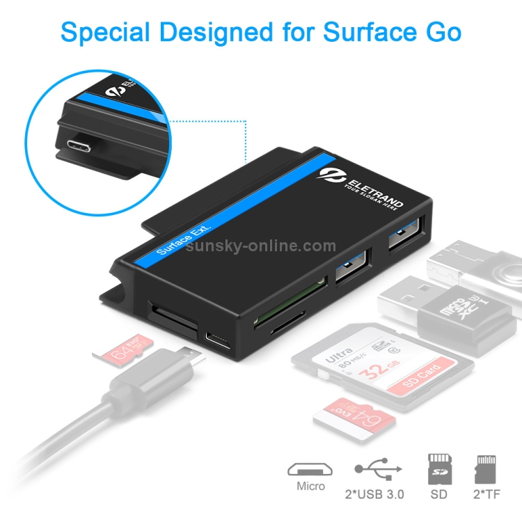 ROCKETEK RT-SGO737 2 USB 3.0 + Concentrador de interfaz micro USB para Microsoft Surface Go, con 2 ranuras para tarjeta TF y tarjeta SD - 3