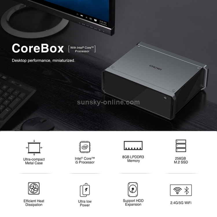 CHUWI CoreBox i5 Mini PC, 8GB + 256GB Win10 Home System Intel Core i5-5257U Dual-core hasta 3.1GHz, Soporte WiFi, Bluetooth, HDMI, SATA HDD, RJ45 (Gris) - 5
