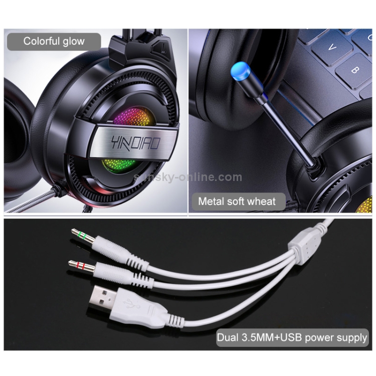 YINDIAO Q3 Auriculares para juegos deportivos electrónicos con cable USB con micrófono y luz RGB, Longitud del cable: 1,67 m (blanco) - 8
