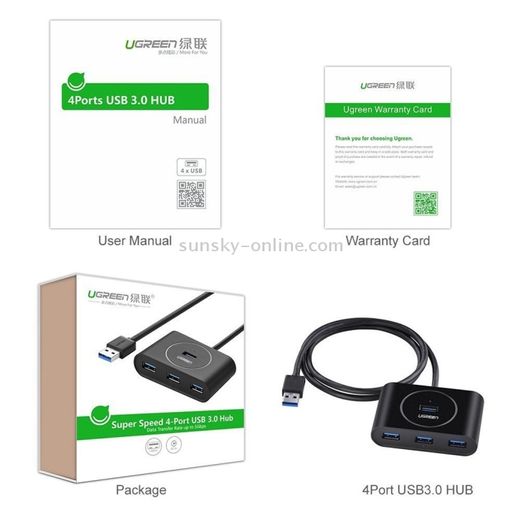 UGREEN Adaptador de cable USB 3.0 HUB de supervelocidad portátil de 4 puertos, no compatible con OTG, Longitud del cable: 2 m (Negro) - 8