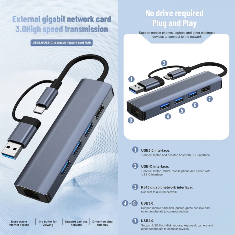 BYL-2208 5 in 2 USB + USB-C / Type-C to USB Multifunctional Docking Station HUB Adapter - 6