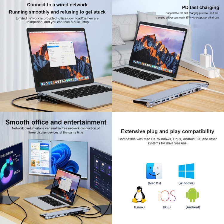 BYL-2003U2 12 en 1 USB-C / Type-C vers USB Adaptateur HUB de Station d'Accueil Multifonctionnel - 8