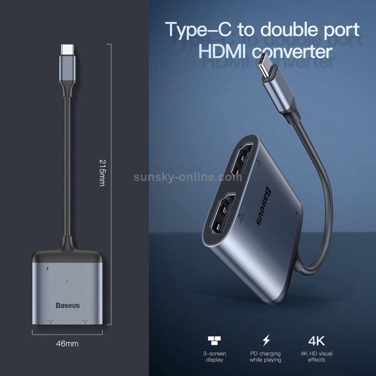 Baseus CAHUB-I0G Enjoy Series USB-C / Type-C to HDMI x 2 + PD HD Intelligent HUB Adapter(Dark Gray) Baseus CAHUB-I0G Enjoy Series USB-C / Type-C to HDMI x 2 + PD HD Intelligent HUB Adapter(Dark Gray)