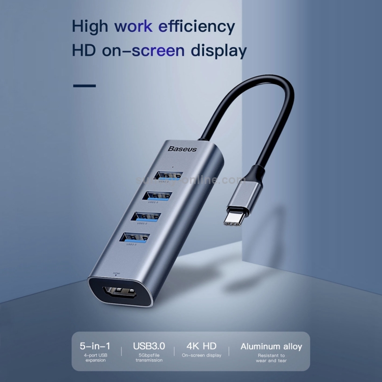 Baseus CAHUB-N0G Enjoy Series USB-C / Type-C to USB 3.0 x 4 + HDMI HD Intelligent HUB Adapter (Dark Gray) Baseus CAHUB-N0G Enjoy Series USB-C / Type-C to USB 3.0 x 4 + HDMI HD Intelligent HUB Adapter (Dark Gray)
