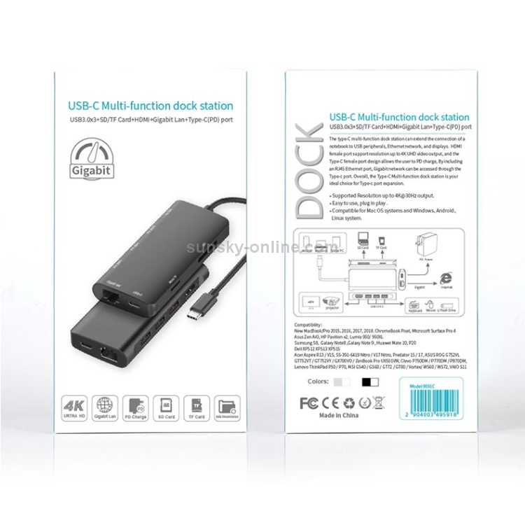 9591C 9 en 1 USB 3.0 x3 + Tarjeta SD / TF + HDMI + RJ45 + Tipo-C / USB-C (PD) Estación de acoplamiento convertidor HUB multifunción (plateado) - 6