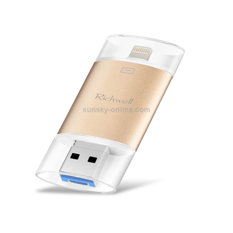Richwell 3 in 1 16G Type-C + 8 Pin + USB 3.0 Metal Double Cover Push-pull Flash Disk with OTG Function(Gold) Richwell 3 in 1 16G Type-C + 8 Pin + USB 3.0 Metal Double Cover Push-pull Flash Disk with OTG Function(Gold)