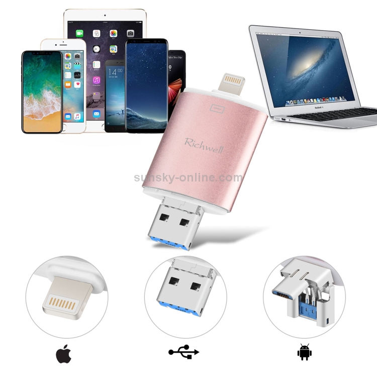 Richwell 3 in 1 16G Type-C + 8 Pin + USB 3.0 Metal Double Cover Push-pull Flash Disk with OTG Function(Gold) Richwell 3 in 1 16G Type-C + 8 Pin + USB 3.0 Metal Double Cover Push-pull Flash Disk with OTG Function(Gold)