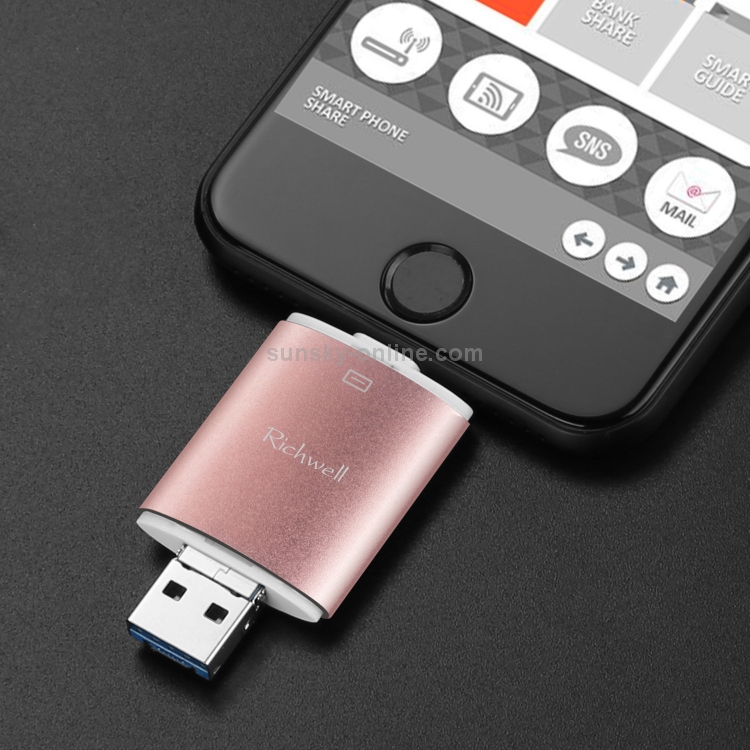 Richwell 3 in 1 16G Type-C + 8 Pin + USB 3.0 Metal Double Cover Push-pull Flash Disk with OTG Function(Gold) Richwell 3 in 1 16G Type-C + 8 Pin + USB 3.0 Metal Double Cover Push-pull Flash Disk with OTG Function(Gold)