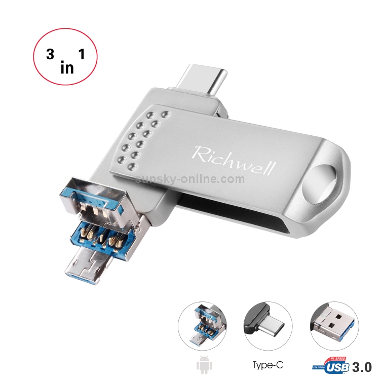 Richwell 3 in 1 64G Type-C + Micro USB + USB 3.0 Metal Flash Disk with OTG Function(Silver) Richwell 3 in 1 64G Type-C + Micro USB + USB 3.0 Metal Flash Disk with OTG Function(Silver)