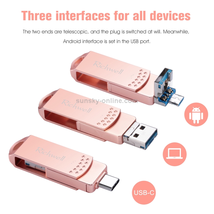 Richwell 3 in 1 64G Type-C + Micro USB + USB 3.0 Metal Flash Disk with OTG Function(Silver) Richwell 3 in 1 64G Type-C + Micro USB + USB 3.0 Metal Flash Disk with OTG Function(Silver)