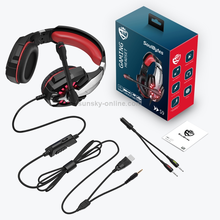 Soulbytes S9 USB + 3.5mm 4 pin Auditivos de juego ligeros ajustables con micrófono (rojo) - 1
