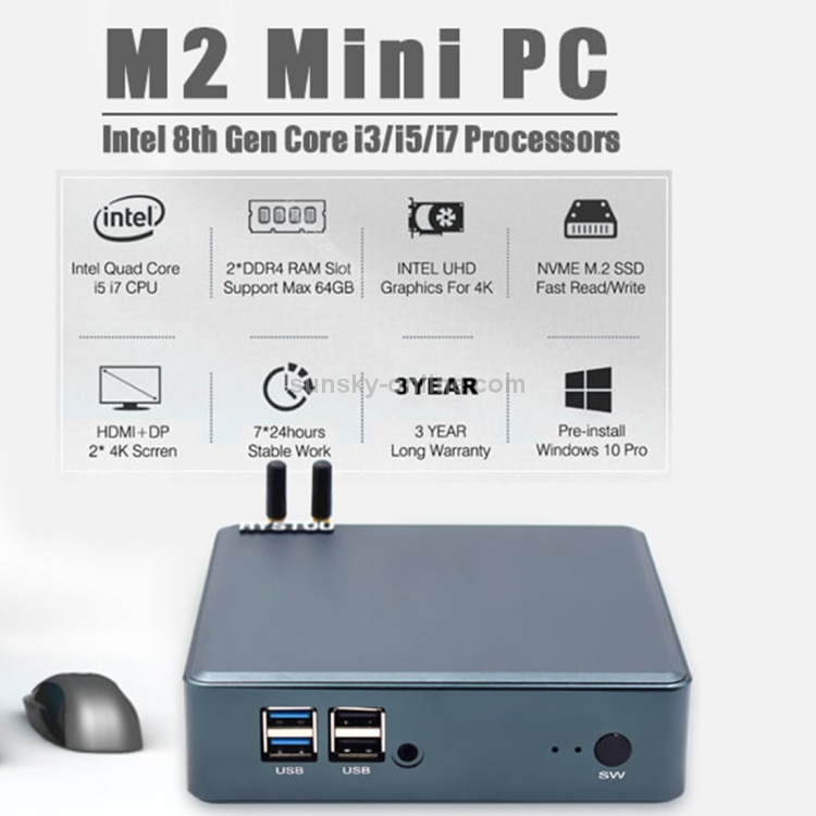 Mini PC del sistema HYSTOU M2 Windows 10 / Linux / WES 7 y 10 sin RAM y SSD, Intel Core i5-8265U 4 Core 8 hilos hasta 1.6-3.9GHz, soporte M.2, WiFi - 7