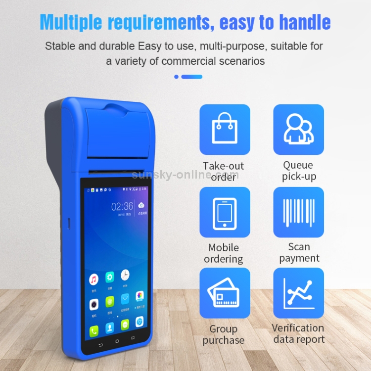 ZJ-6000 58mm PDA Handheld 5.5 pulgadas Código de barras Código bidimensional Código de escaneo inteligente Android Máquina de impresión térmica de caja registradora, enchufe de la UE (azul) - 11