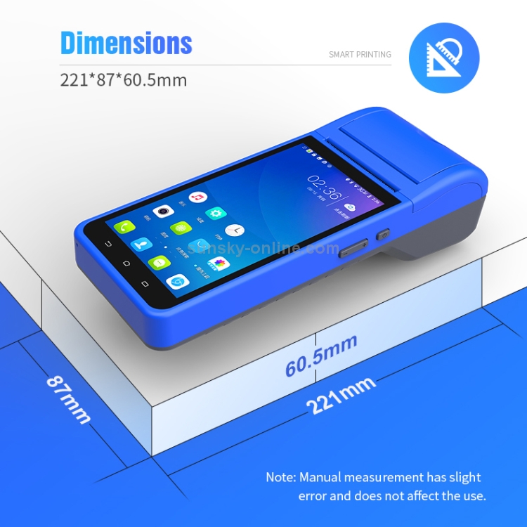 ZJ-6000 58mm PDA Handheld 5.5 pulgadas Código de barras Código bidimensional Código de escaneo inteligente Android Máquina de impresión térmica de caja registradora, enchufe de la UE (azul) - 6