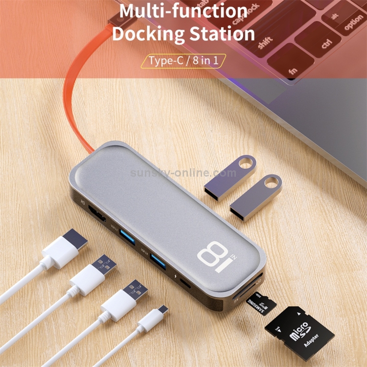Adaptador HUB de extensión multifuncional ROCK TR03 8 en 1 tipo C / USB-C a HDMI (gris) - 1