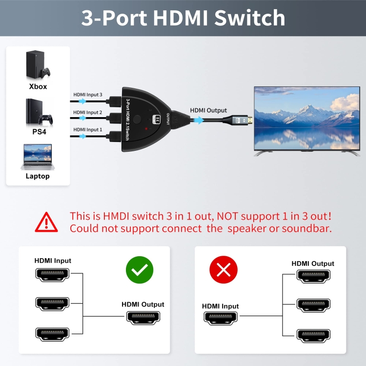 Caja selectora de conmutador HDMI 8K de 3 puertos con cable flexible (negro) - 4