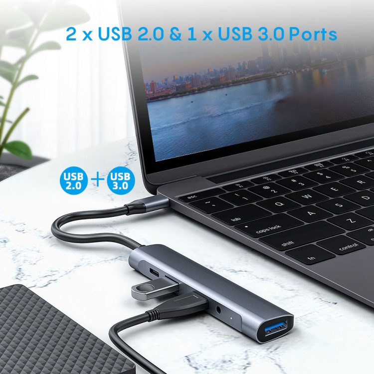 QC521 5 en 1 2xusb2.0 + USB3.0 + Puerto de audio + PD A Adaptador de concentrador USB-C / TYPE-C - 2