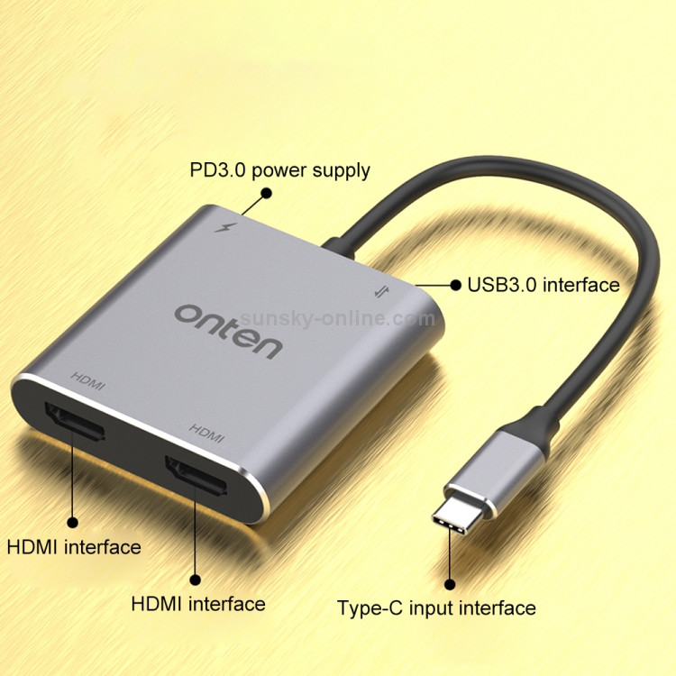 Onten 9175K 4 in 1 USB-C / Type-C to Dual HDMI + USB 3.0 + PD3.0 USB-C / Type-C Charging Port 4K HD Video Converter - 4