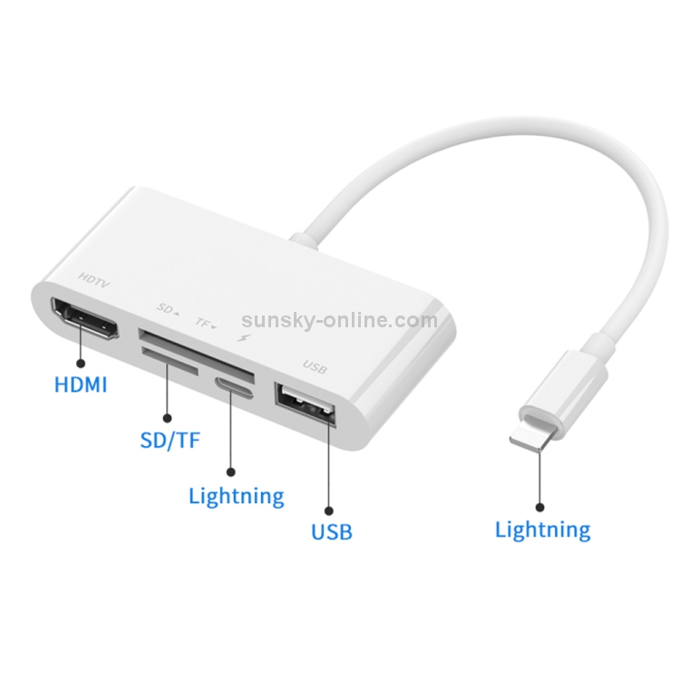 Adaptador Lightning a HDMI, adaptador USB OTG 5 en 1 para cámara digital  AV, lector de tarjetas SD y TF, convertidor de pantalla de sincronización
