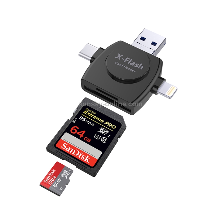 X-Flash R01 3 in 1 8 Pin + USB-C / Type-C + Micro USB Interface SD / TF Card Reader(Black) X-Flash R01 3 in 1 8 Pin + USB-C / Type-C + Micro USB Interface SD / TF Card Reader(Black)