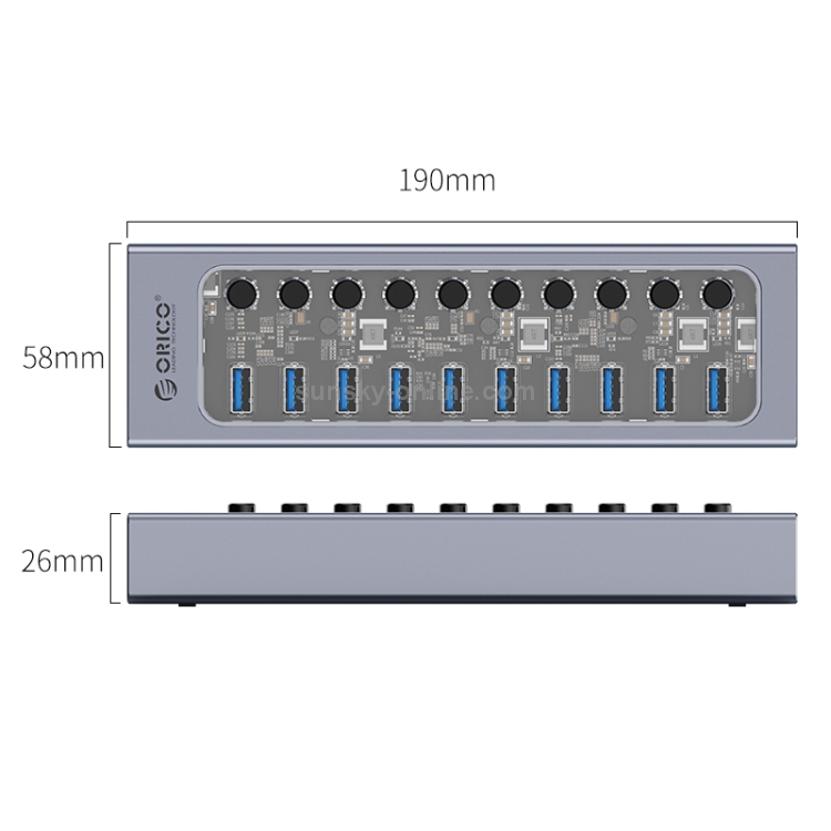 Orico AT2U3-10AB-GY-BP 10 puertos USB 3.0 Hub con interruptores individuales y indicador de LED azul, AU PLUG - B2
