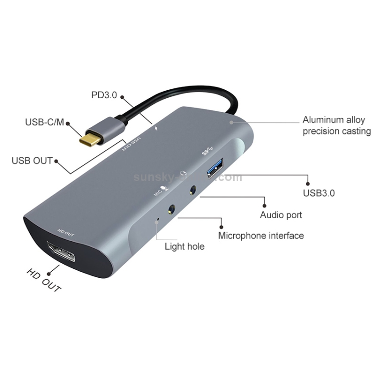Z41 6 en 1 USB-C / TYPE-C A PD USB-C / TYPE-C + HDMI + USB 3.0 + 3.5 mm AUX + USB + Interfaz de micrófono Multifuncional Docking Station Tarjeta de captura de video (Gray) - 2