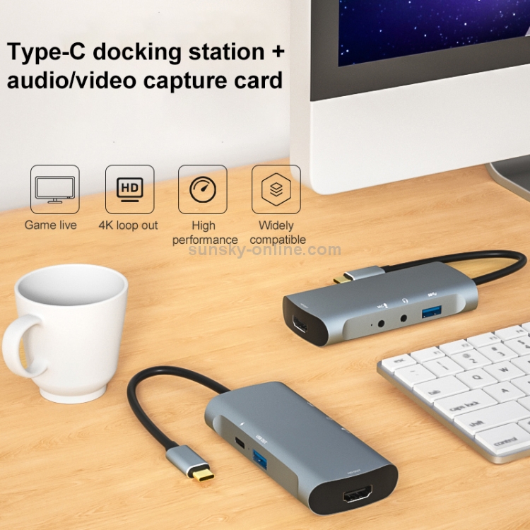 Z41 6 en 1 USB-C / TYPE-C A PD USB-C / TYPE-C + HDMI + USB 3.0 + 3.5 mm AUX + USB + Interfaz de micrófono Multifuncional Docking Station Tarjeta de captura de video (Gray) - 5