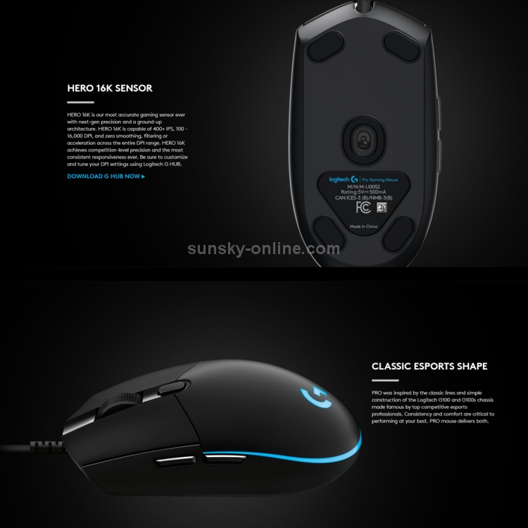 Logitech G Pro 16000DPI RGB Illumination Macro Programming Mouse óptico para juegos con cable, longitud: 1,8 m (negro) - 5