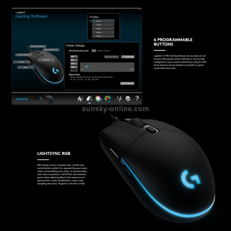 Logitech G Pro 16000DPI RGB Illumination Macro Programming Mouse óptico para juegos con cable, longitud: 1,8 m (negro) - 7