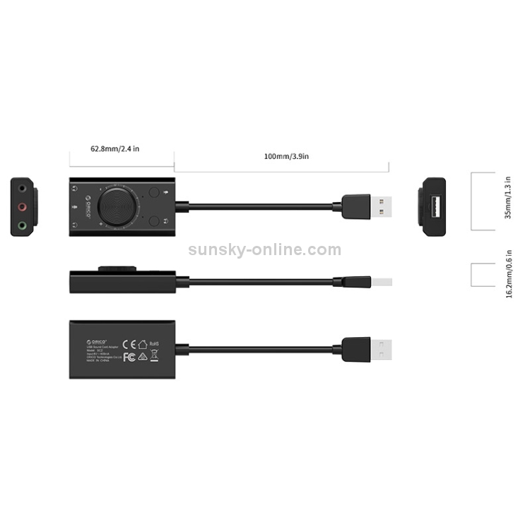 ORICO SC2 Tarjeta de sonido externa USB multifunción sin controlador con 2 puertos para auriculares y 1 puerto para micrófono y ajuste de volumen (negro) - 4