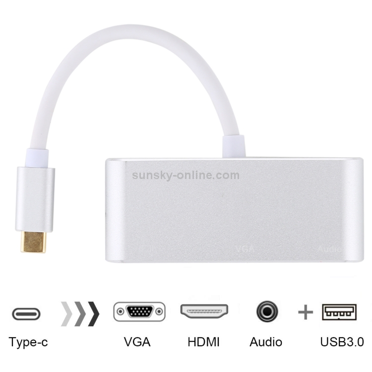 Adaptador USB 2.0 + puerto de audio + VGA + HDMI a USB-C / Type-C HUB (plateado) - 3