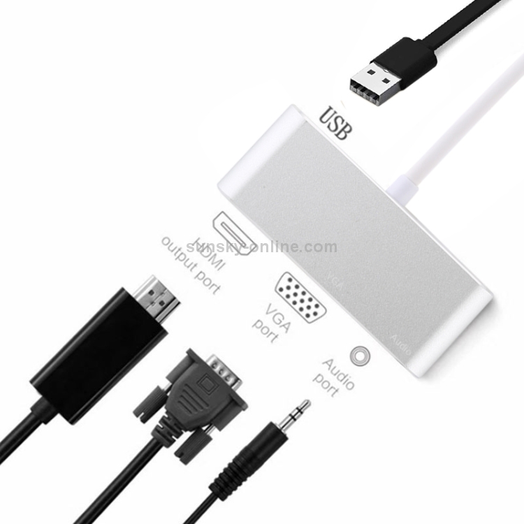 Adaptador USB 2.0 + puerto de audio + VGA + HDMI a USB-C / Type-C HUB (plateado) - 4